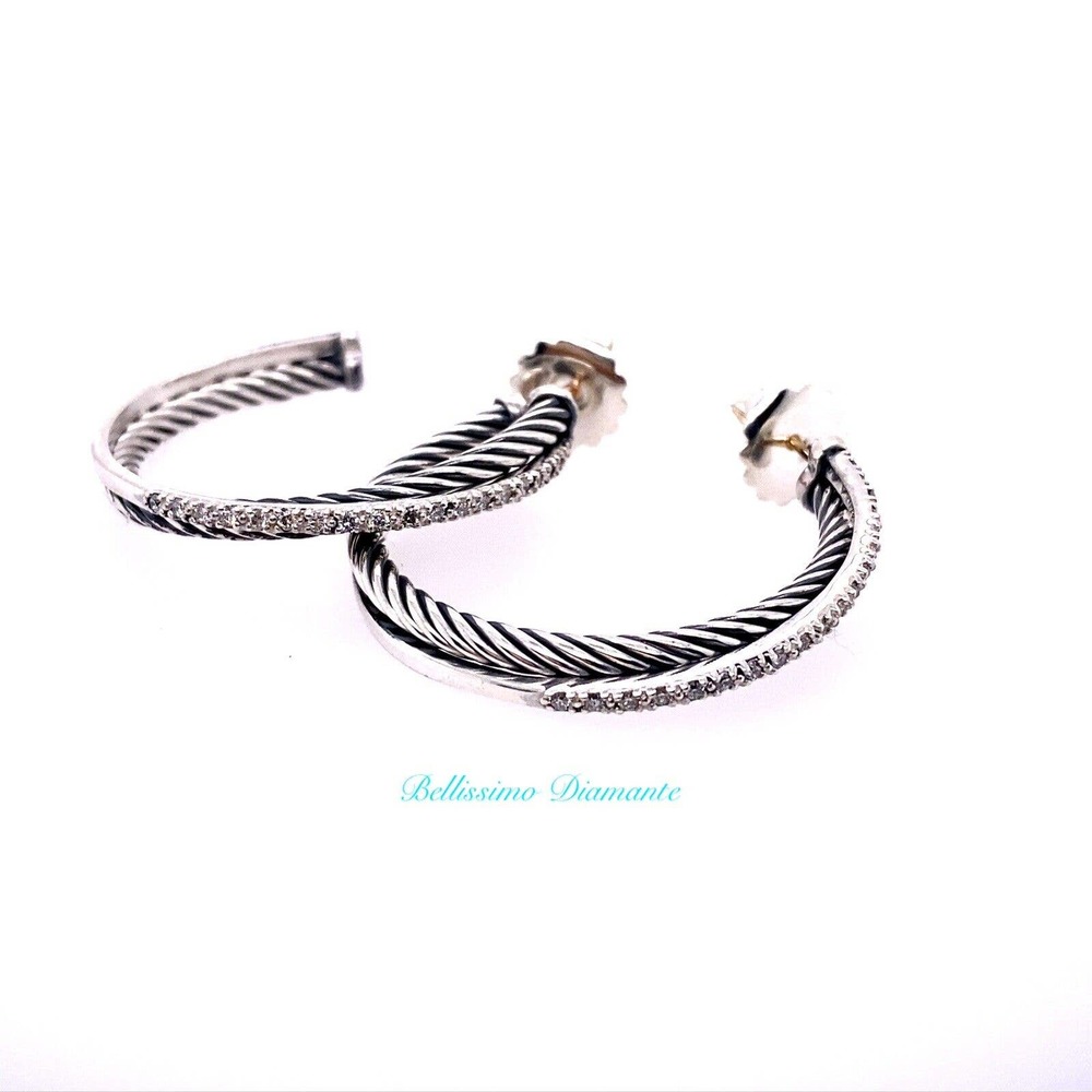 David Yurman Sterling Silver 31mm Medium Crossover Diamond Hoop Earrings